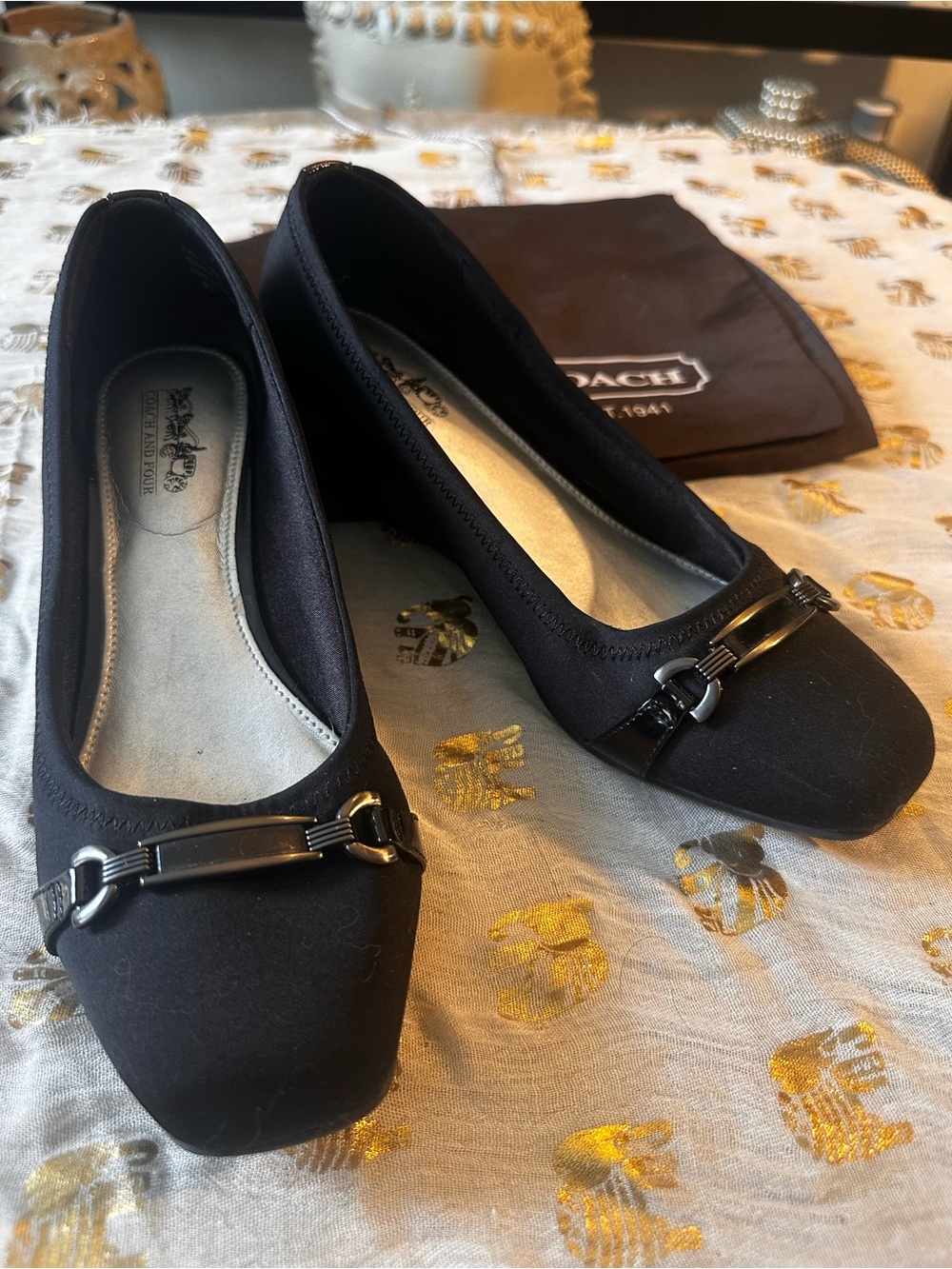 Coach - Women’s Black Square-Toe Ballet Flats with Bit Detail